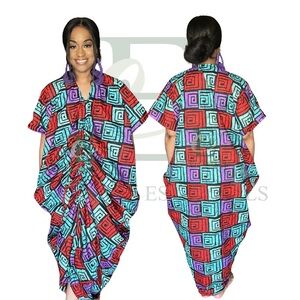 African Print Geometric Ruffle Boubou Dress | One Size Fit All (M–XXL) - NWOT